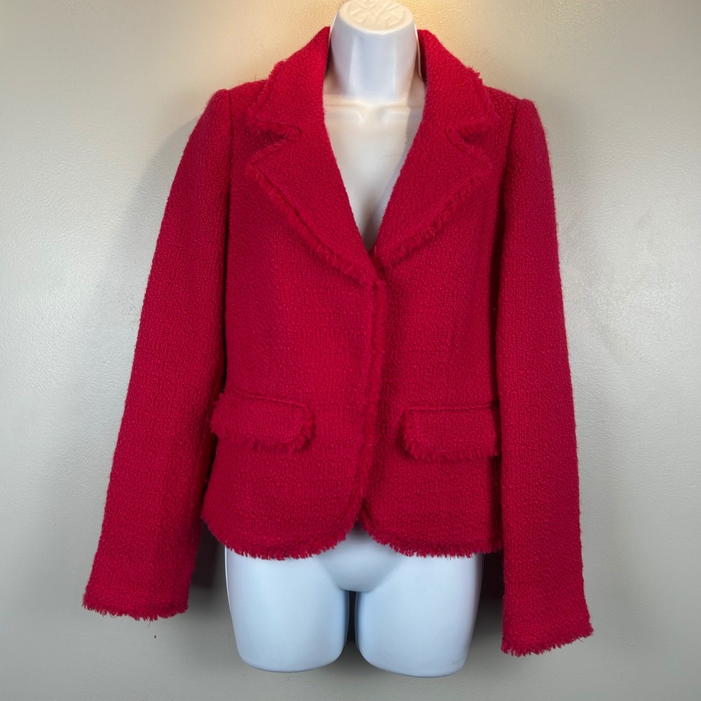 Boden Womens Pink Wool Boucle Fringe Trim Blazer Jacket Retro  WE268 US 4